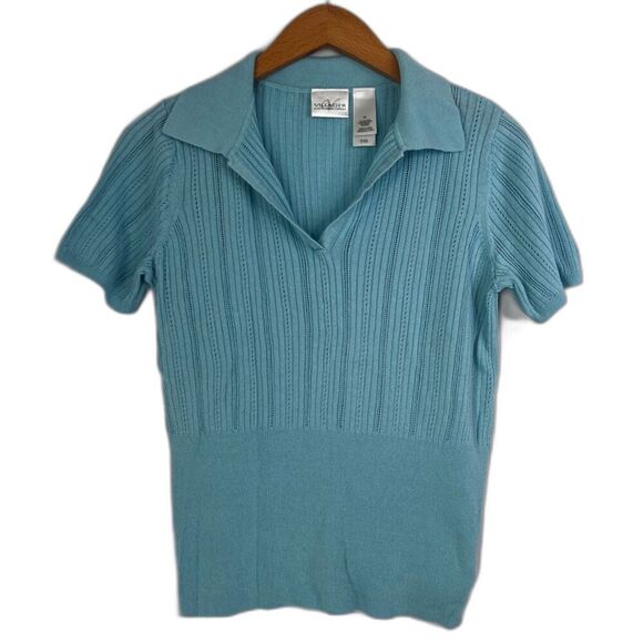 Village Liz Claiborne Blue Knit Fitted Collared Twee Lightweight Sweater Sz MD - Picture 1 of 9